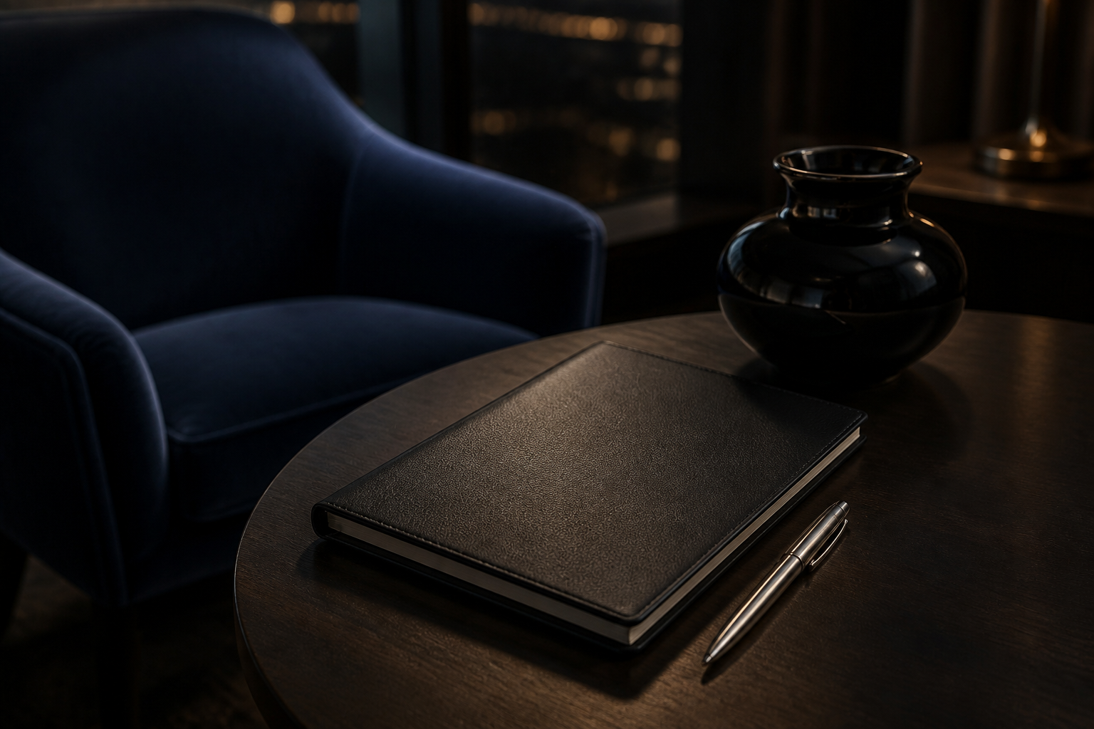 A leather notebook and fountain pen beside a velvet armchair, city lights beyond the window